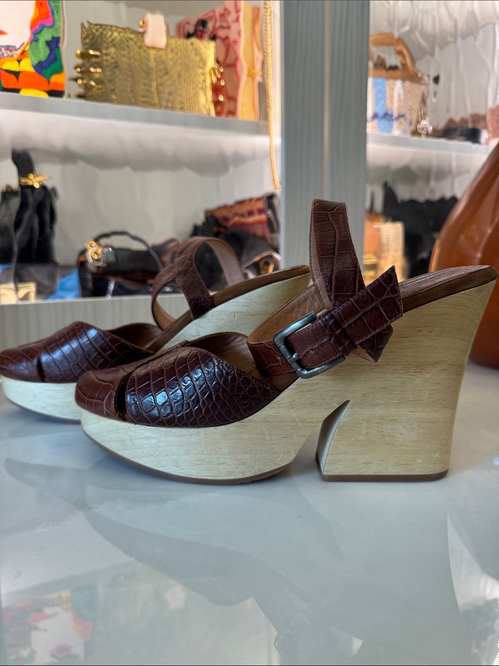 Rachel Comey Women’s Brown Croc-Embossed Leather Wooden Wedge Sandals Size 11